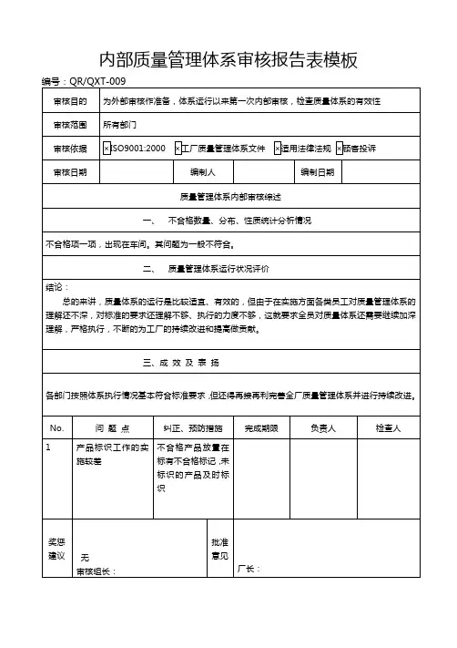 内部质量管理体系审核报告表模板