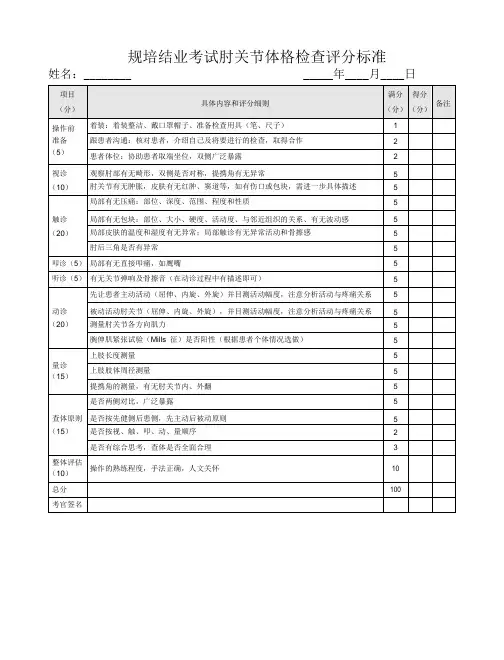 规培结业考试肘关节体格检查评分标准