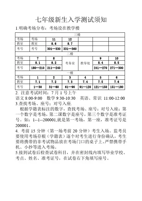 七年级新生入学测试须知