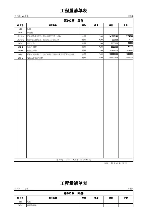 高速公路造价 工程量清单报价表