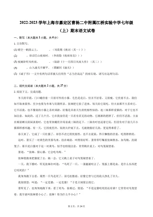 2022-2023学年上海市嘉定区曹杨二中附属江桥实验中学七年级(上)期末语文试卷(含答案解析)