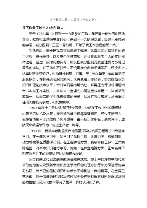 井下作业工种个人总结（精选3篇）