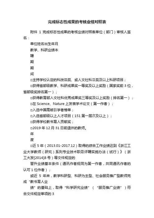 完成标志性成果的考核业绩对照表