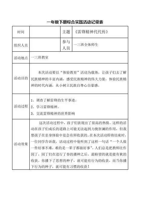 小学一年级综合实践活动记录反馈表