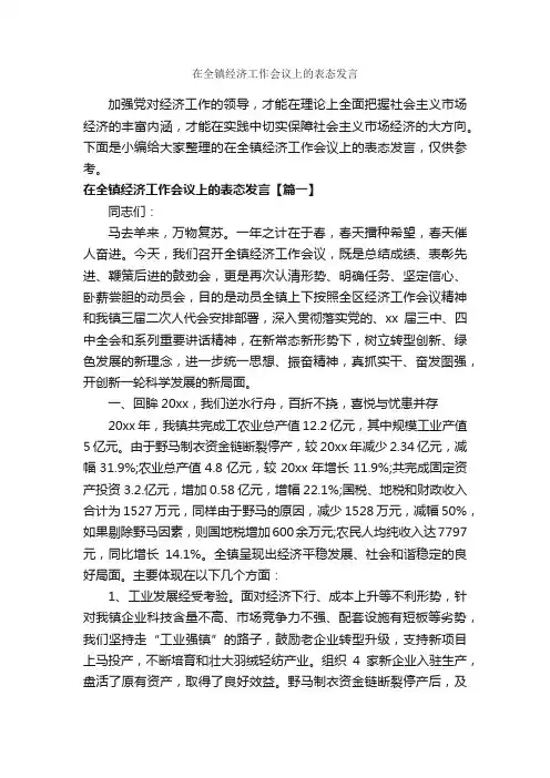 在全镇经济工作会议上的表态发言_乡镇街道_