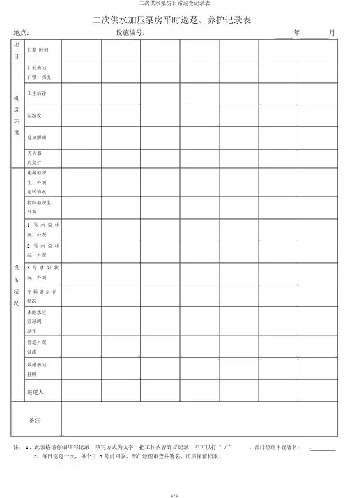 二次供水泵房日常巡查记录表