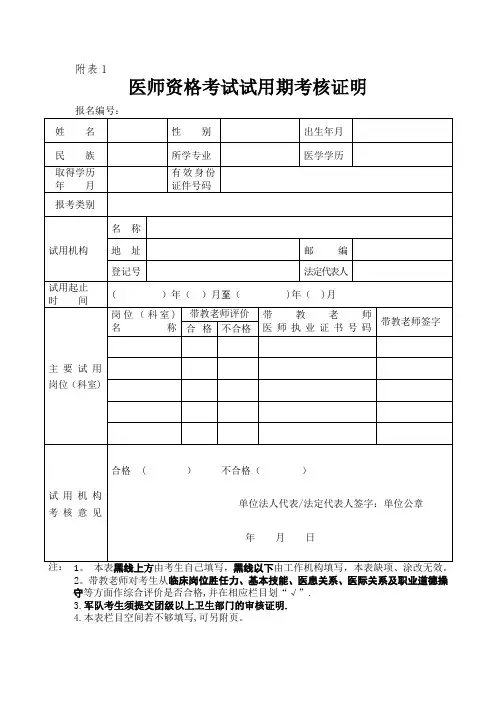 医师资格考试试用期考核证明(填写模板)