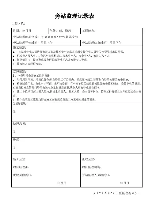 塔吊安装旁站监理记录