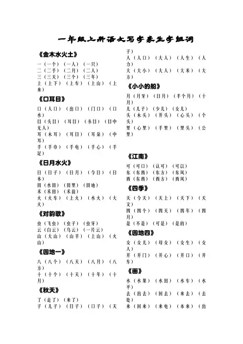 部编人教版一年级上册语文写字表生字组词