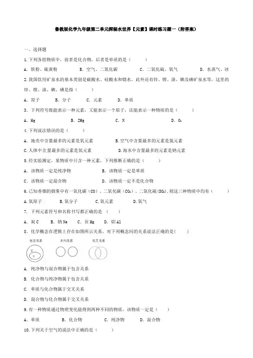 鲁教版化学九年级第二单元探秘水世界【元素】课时练习题一(附答案)