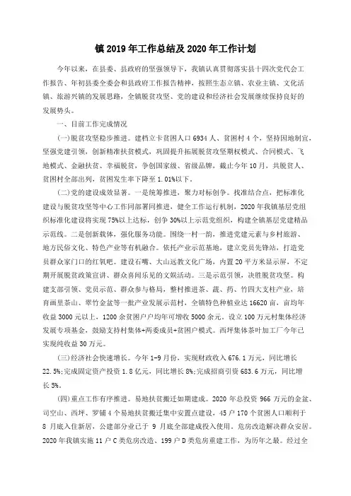 镇2019年工作总结及2020年工作计划