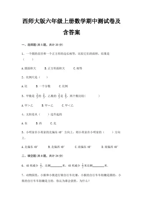 西师大版六年级上册数学期中测试卷及含答案