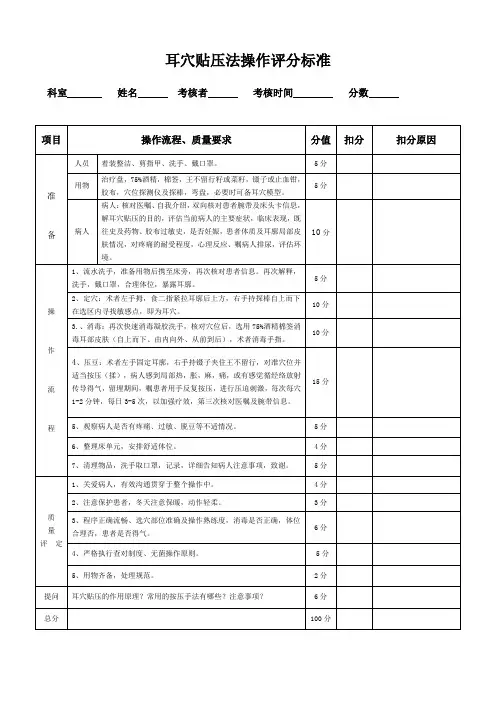 耳穴贴压法操作评分标准