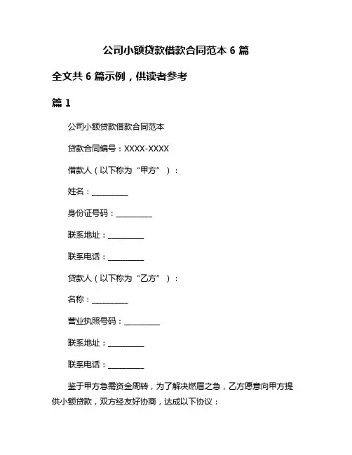 公司小额贷款借款合同范本6篇