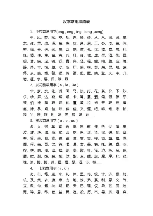 汉字常用押韵表