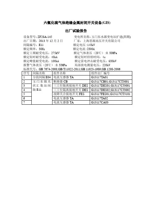 六氟化硫气体绝缘金属封闭开关设备