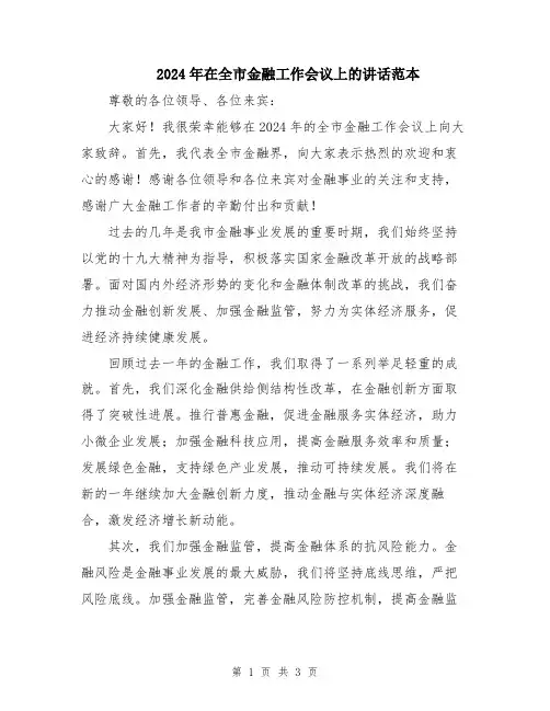 2024年在全市金融工作会议上的讲话范本