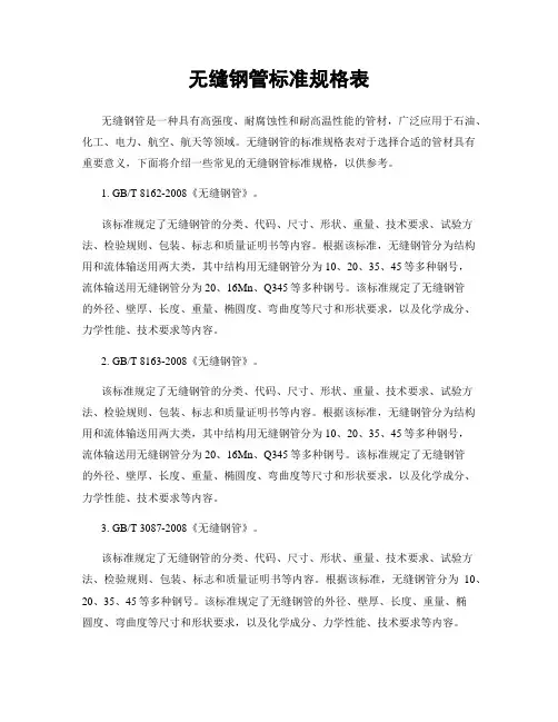 无缝钢管标准规格表