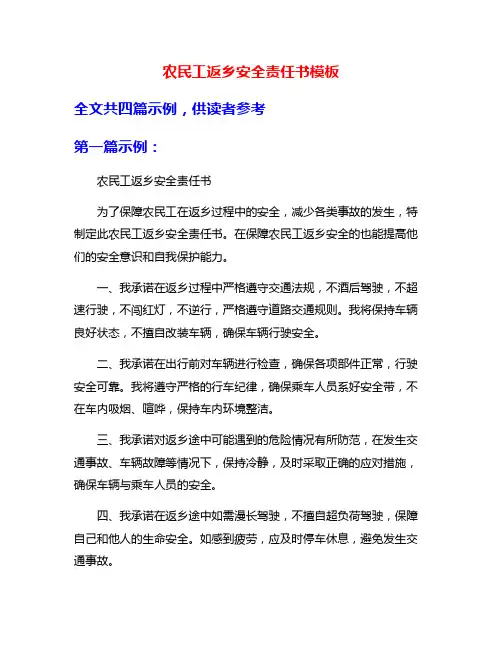 农民工返乡安全责任书模板