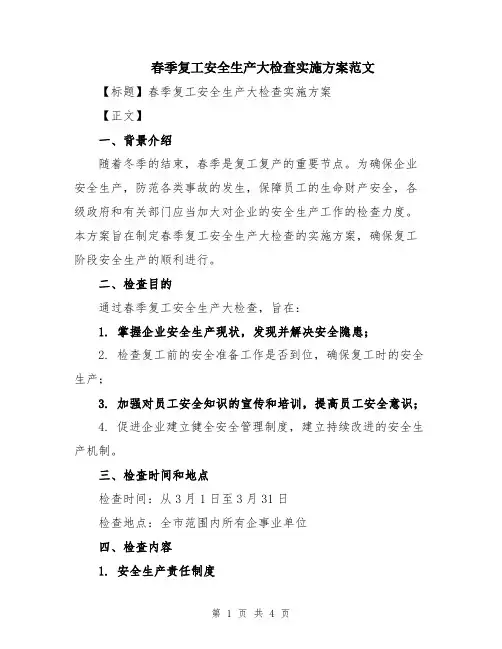 春季复工安全生产大检查实施方案范文