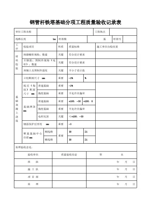 钢管杆铁塔基础分项工程质量验收记录表模板