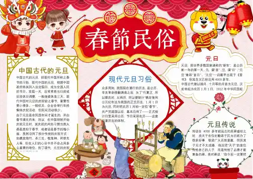 【word小报模板】：喜庆风古典中国风春节民俗年俗小报手抄报