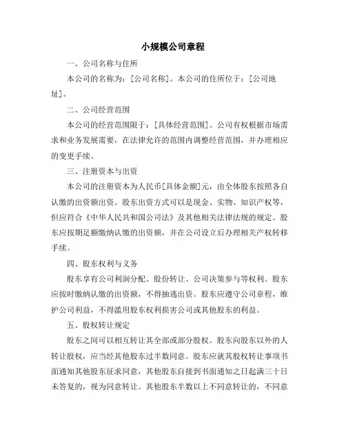 小规模公司章程