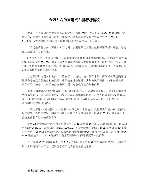 六万左右的家用汽车排行榜情况