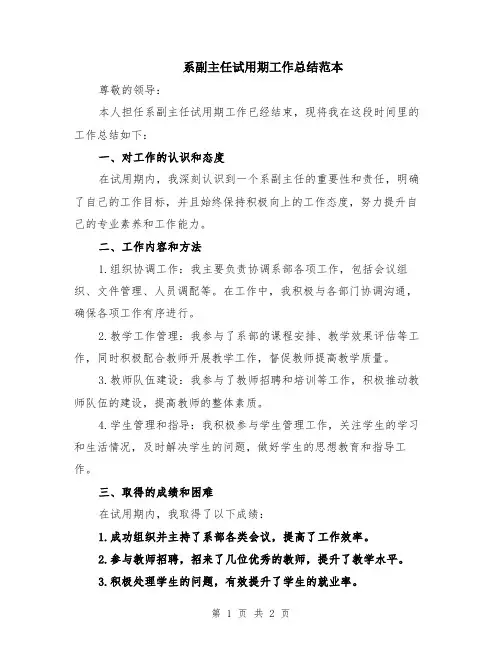 系副主任试用期工作总结范本