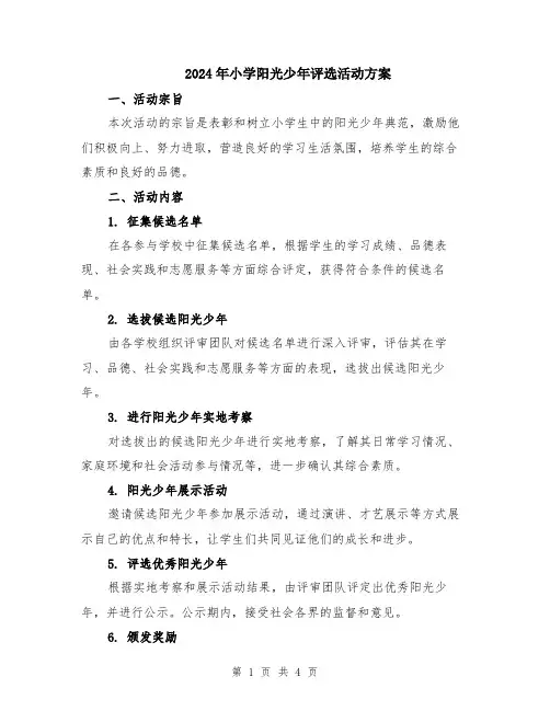 2024年小学阳光少年评选活动方案