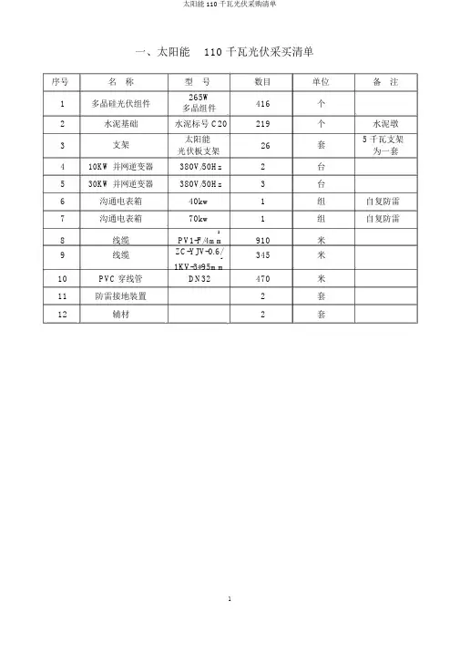 太阳能110千瓦光伏采购清单