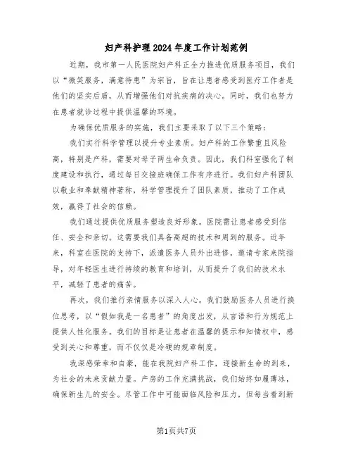 妇产科护理2024年度工作计划范例（三篇）