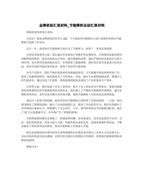 金牌班组汇报材料_节能降耗总结汇报材料