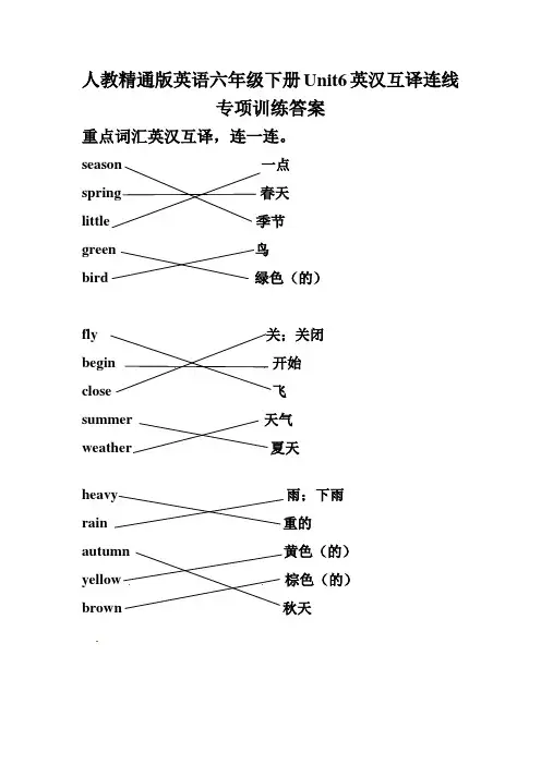 人教精通版英语六年级下册Unit6英汉互译连线专项训练答案