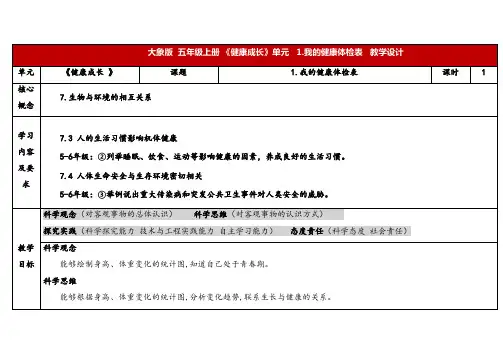 2024年大象版五年级科学上册 3.1我的健康体检表 (教案) 