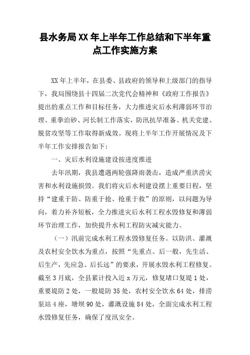 县水务局XX年上半年工作总结和下半年重点工作实施方案[工作范文]