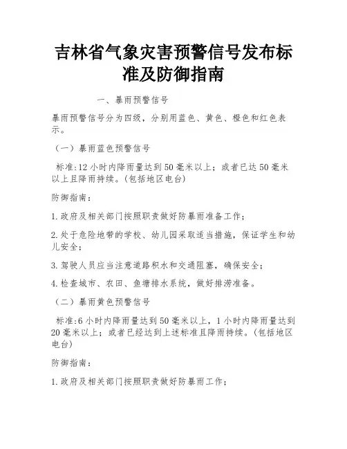 吉林省气象灾害预警信号发布标准及防御指南