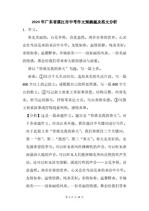 2024年广东省湛江市中考作文猜题及范文分析