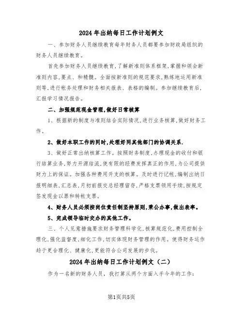 2024年出纳每日工作计划例文（三篇）