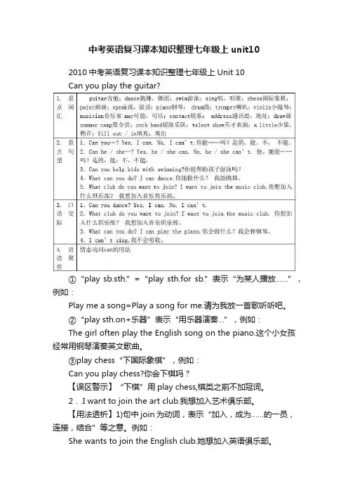中考英语复习课本知识整理七年级上unit10