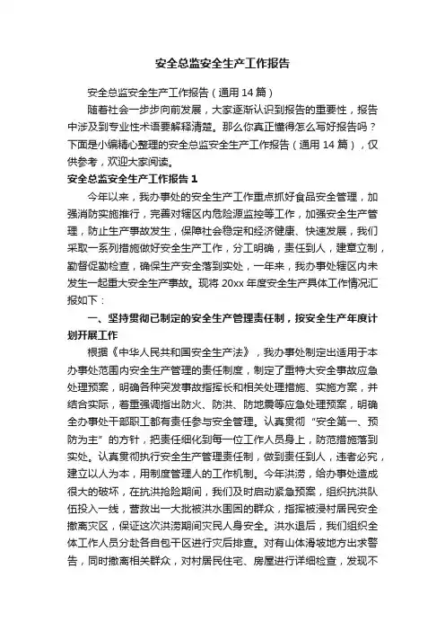 安全总监安全生产工作报告（通用14篇）