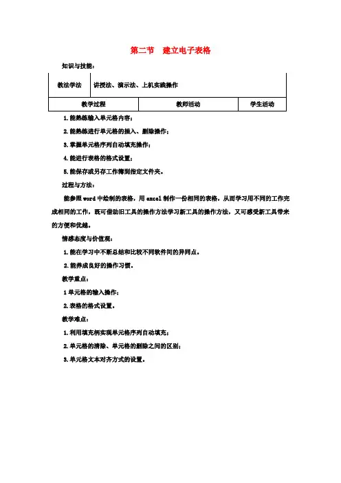 七年级信息技术下册第2章第2节建立电子表格教案粤教版