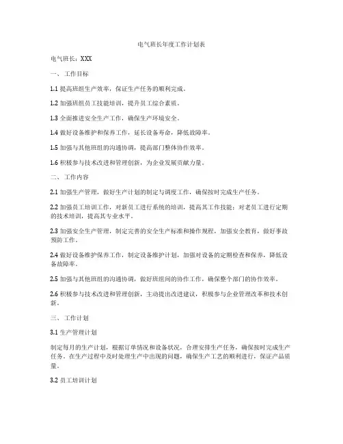 电气班长年度工作计划表