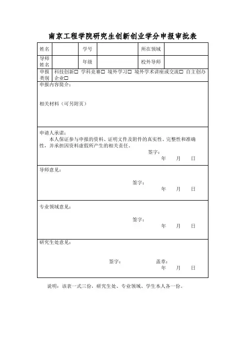 南京工程学院研究生创新创业学分申报审批表