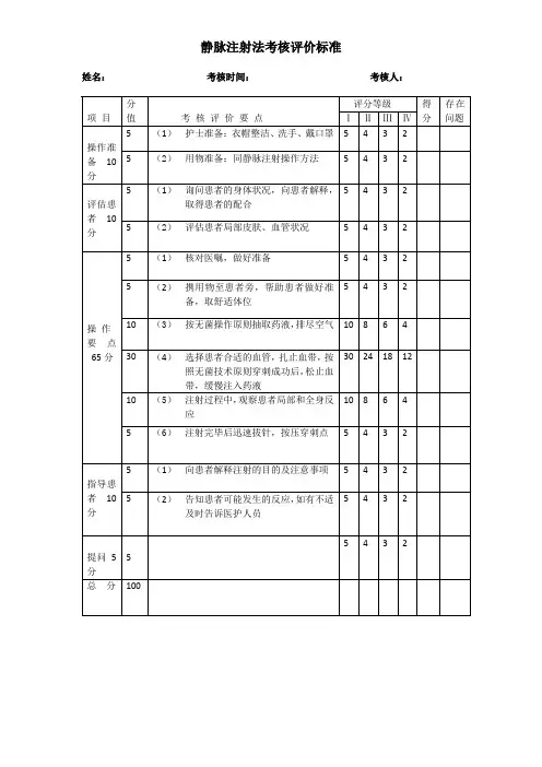 静脉注射考核评价标准