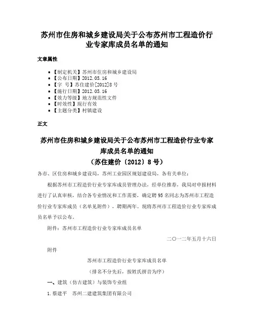 苏州市住房和城乡建设局关于公布苏州市工程造价行业专家库成员名单的通知