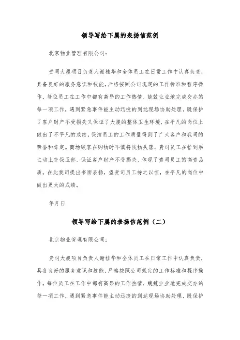 领导写给下属的表扬信范例（三篇）