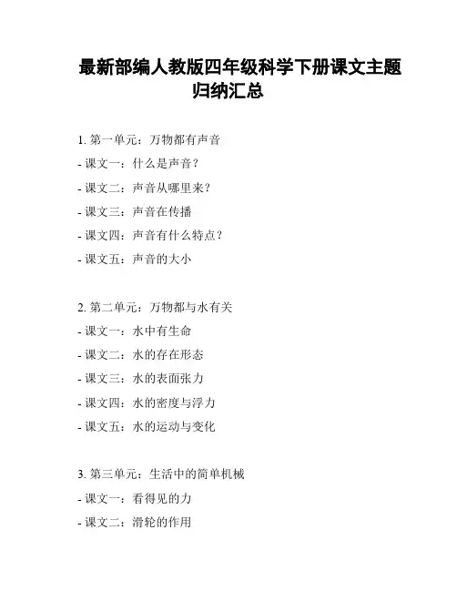 最新部编人教版四年级科学下册课文主题归纳汇总