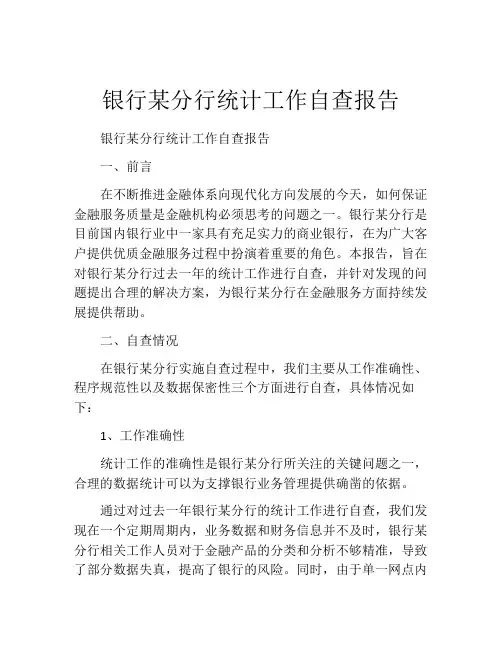 银行某分行统计工作自查报告