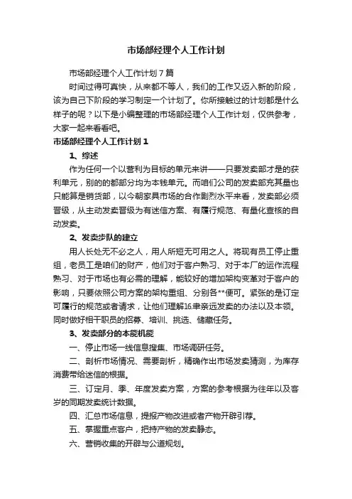 市场部经理个人工作计划7篇